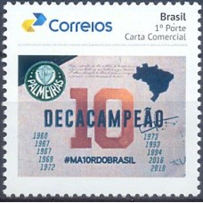 PB0118M-SELO PERSONALIZADO PALMEIRAS DECACAMPEÃO DO CAMPEONATO BRASILEIRO, GOMADO - 2019 - MINT