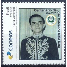 PB0161M-SELO PERSONALIZADO CENTENÁRIO DO NASCIMENTO DE JOÃO CABRAL DE MELO NETO, GOMADO - 2020 - MINT