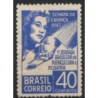 SB0234NA-SELO SEMANA DA CRIANÇA E 1ª JORNADA BRASILEIRA DE PUERICULTURA E PEDIATRIA - 1947 - N - VARIEDADE: TRAÇO BRANCO DO CARTUCHO DO VALOR PARTIDO