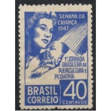 SB0234NA-SELO SEMANA DA CRIANÇA E 1ª JORNADA BRASILEIRA DE PUERICULTURA E PEDIATRIA - 1947 - N - VARIEDADE: TRAÇO BRANCO DO CARTUCHO DO VALOR PARTIDO