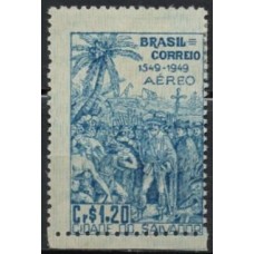 SBA072NB-SELO AÉREO 4º CENTENÁRIO DA FUNDAÇÃO DE SALVADOR E DA INSTALAÇÃO DO GOVERNO GERAL DO BRASIL - 1949 - N - VARIEDADE: DESLOCAMENTO DA IMAGEM PARA A DIREITA E PARA BAIXO