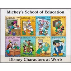 SVI2735MF-MINIFOLHA PERSONAGENS DISNEY NO TRABALHO V - ENSINO, 8 VALORES - SÃO VICENTE - 1996 - MINT