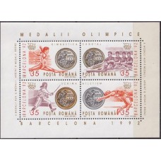 ROMB0225M-BLOCO MEDALHISTAS ROMENOS NAS OLIMPÍADAS DE BARCELONA - ROMÊNIA - 1992 - MINT - PEQUENO AMASSADO NO CANTO SUPERIOR DIREITO