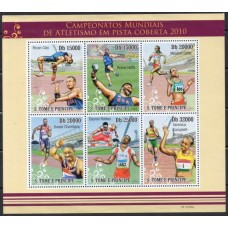 STP3562MF-MINIFOLHA CAMPEONATO MUNDIAL DE ATLETISMO EM PISTA COBERTA 2010 - SÃO TOMÉ E PRÍNCIPE - 2010 - MINT - UM POUCO AMASSADA NA BORDA SUPERIOR