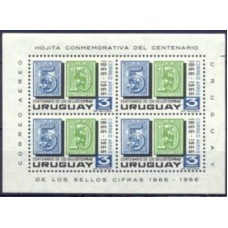 URUB0013N-BLOCO CENTENÁRIO DOS SELOS NUMERAIS DE 1866, 3P - URUGUAI - 1967 - N