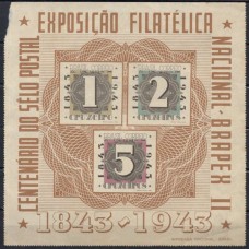 BL0009N.01-BLOCO CENTENÁRIO DO SELO POSTAL - BRAPEX II - 1943 - N - COM RASGO NO CANTO SUPERIOR ESQUERDO BL0009N.01-BLOCO CENTENÁRIO DO SELO POSTAL - BRAPEX II - 1943 - N - COM RASGO NO CANTO SUPERIOR ESQUERDO