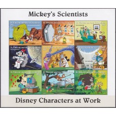 SVI2690NF-MINIFOLHA PERSONAGENS DISNEY NO TRABALHO II - CIENTISTAS, 9 VALORES - SÃO VICENTE - 1995 - N
