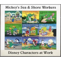 SVI2708MF-MINIFOLHA PERSONAGENS DISNEY NO TRABALHO IV - MAR E COSTA MARÍTIMA, 9 VALORES - SÃO VICENTE - 1995 - MINT